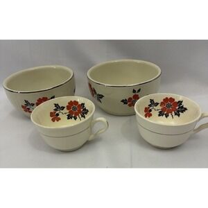 🌺Vintage Halls Superior Quality Kitchenware RED POPPY 2 Teacups & 2 Bowls